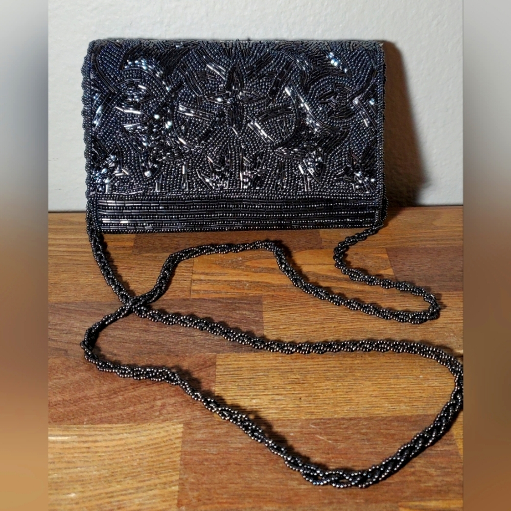 Gray-Black Beaded Evening Envelope Purse with Beaded Cross Body Strap